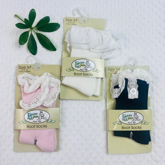 Baby Deer Ivory Pink Black Boot Socks Lace Buttons Bundle of 3 Medium - Picture 1 of 5